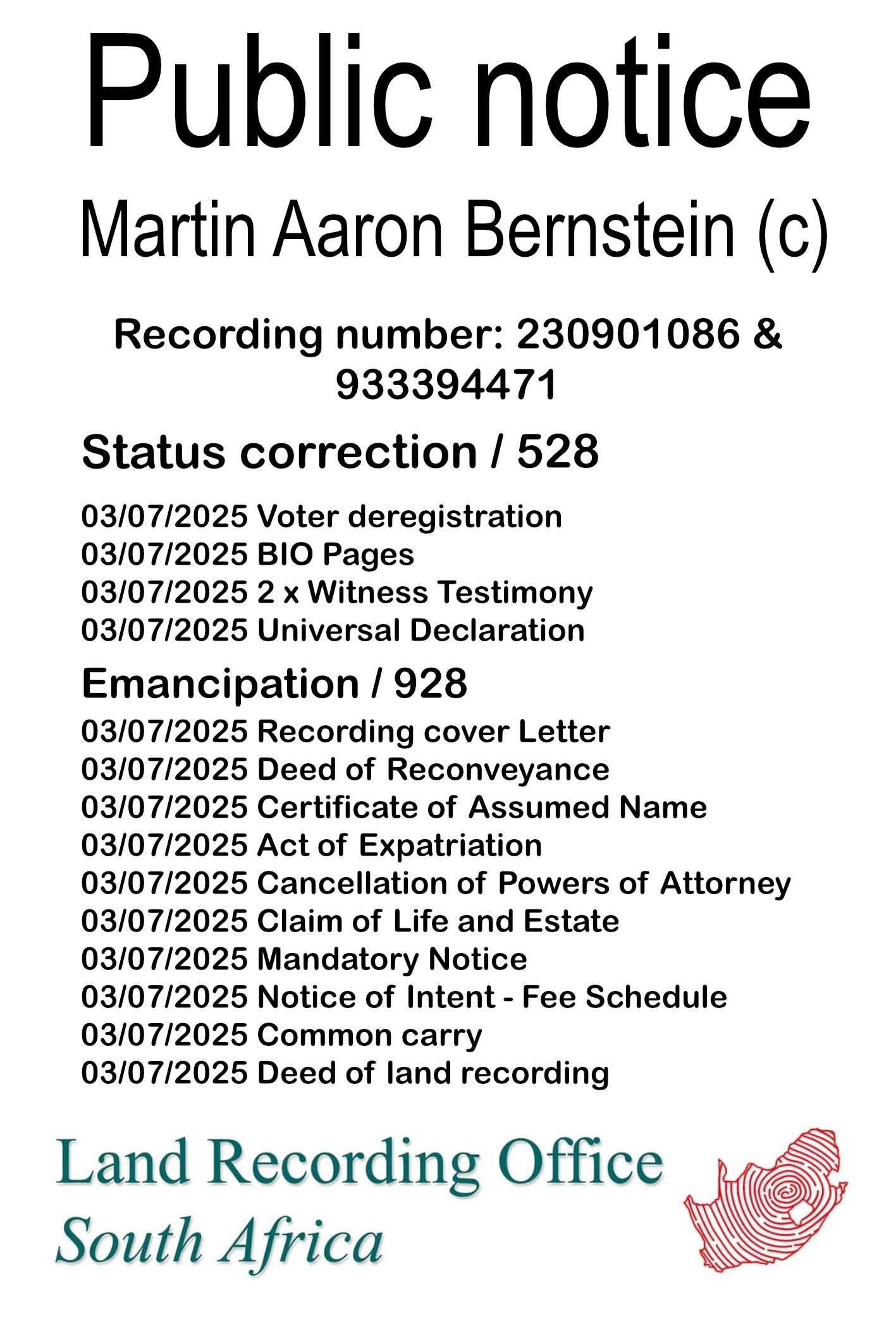 Public notice Martin Aaron Bernstein (c) Recording number 230901086 & 933394471